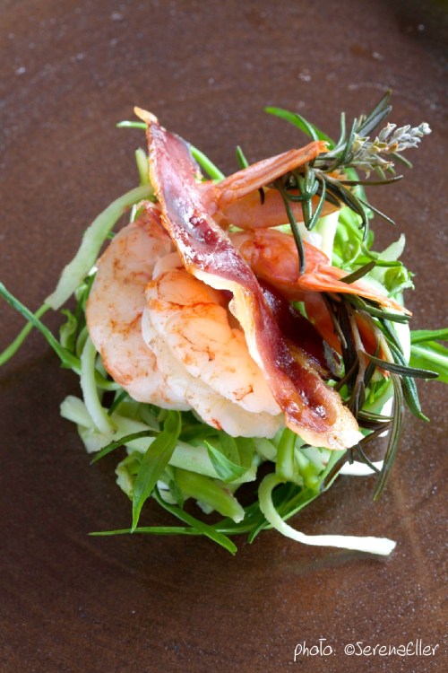 Surf & Turf: Prawn and Prosciutto on Puntarelle Salad | Recipe and Styling: Orsola Ciriello Kogan | photo: ©SerenaEller