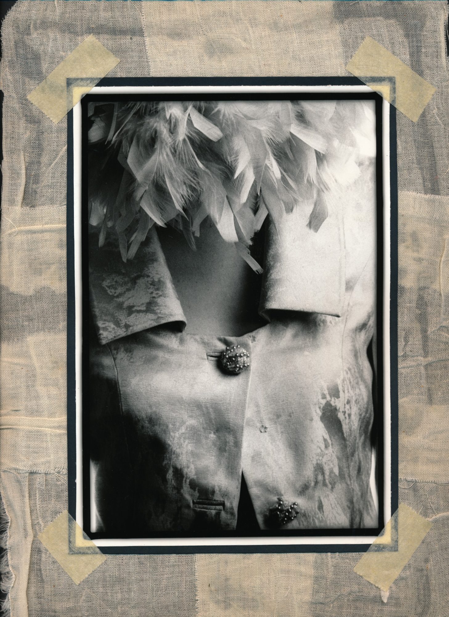 Silk Shantung and Feathers | Mixed_Media_Collage | Black & White print scotched on cotton gauze | ©OrsolaCirielloKogan