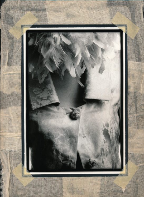 Tres Chic: Silk Shantung and Feathers | Black & White print (35mm) scotched on cotton gauze | Mixed Media Collage ©OrsolaCirielloKogan