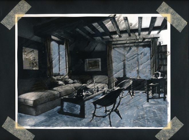 Up close and personal: a Living Room | Watercolor on Black & White print (35mm) scotched on paper | Mixed Media Collage ©OrsolaCirielloKogan